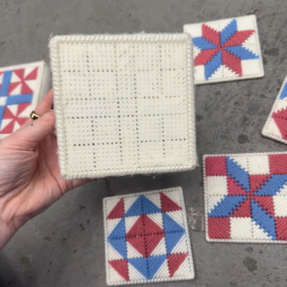Vintage Handmade Plastic Canvas Coaster Set Quilt Pattern Red White Blue 5pc